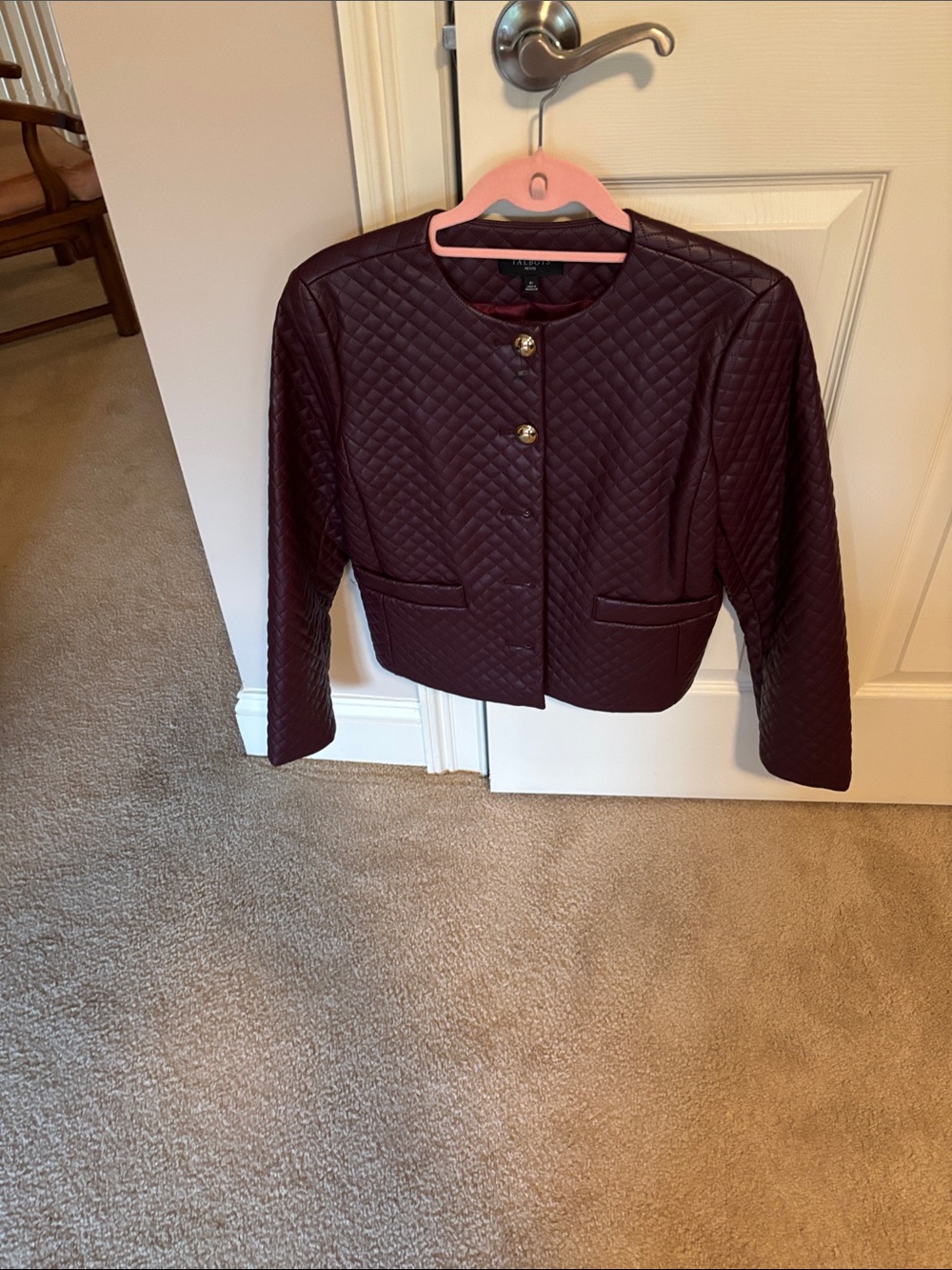 Talbots Quilted Cropped Bomber Jacket in Burgundy